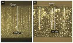 FIGURE 3. Scribing at 300mm/s for both alumina and AlN (381μm thick). (a) represents the side view for alumina, while (b) is the side view for AlN. FIGURE 3. Scribing at 300mm/s for both alumina and AlN (381μm thick). (a) represents the side view for alumina, while (b) is the side view for AlN.