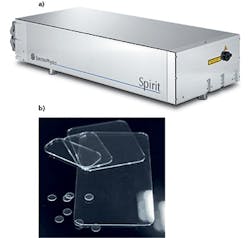 FIGURE 1. The Spirit 1040-IMC laser, an industrial femtosecond laser with high repetition rate and average power up to 16W (a), is ideally suited for use with the ClearShape process (b). FIGURE 1. The Spirit 1040-IMC laser, an industrial femtosecond laser with high repetition rate and average power up to 16W (a), is ideally suited for use with the ClearShape process (b).