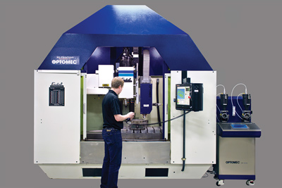 FIGURE 1. A hybrid system combines conventional subtractive and new additive manufacturing capabilities, including building complete metal components or adding 3D structures onto conventionally manufactured components. It also restores worn or damaged parts.