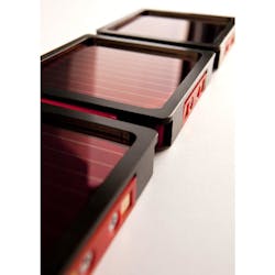 Organic solar cell modules jointly developed by imec, Plextronics, and Solvay are composed of 10 devices in monolithic series connection. The spin-coated solar cells are processed on a glass substrate. Organic solar cell modules jointly developed by imec, Plextronics, and Solvay are composed of 10 devices in monolithic series connection. The spin-coated solar cells are processed on a glass substrate.