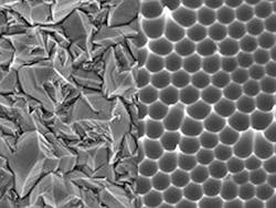 Layers of zinc oxide are imaged by an electron microscope. On the left: natural pyramid structure; on the right: structure when grown on a mold (height of images: 5 microns).