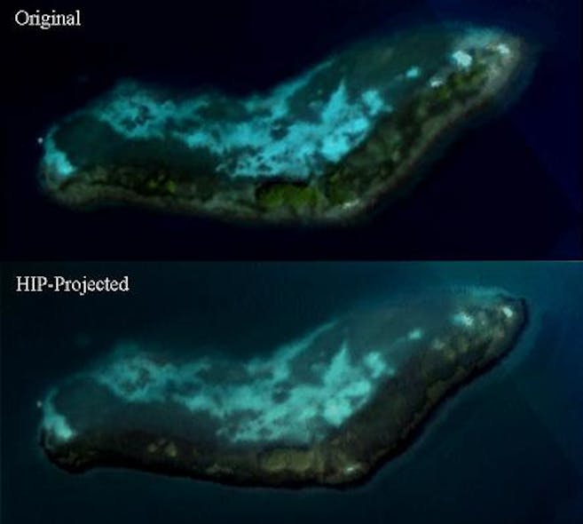 Original image of a coral reef and the HIP-projected image measured by a remote-sensing imager in lab testing.