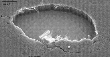 A scanning-electron micrograph reveals the details of a carbon-nanotube coating developed by NASA that has 98% absorptivity or above from the UV to the far IR. A piece of the coating was removed to show the tubes' vertical alignment.