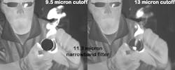 Center for Quantum Devices graduate student Edward Huang holds a lighter and a narrow-band filter centered at 11.3 microns. The flame can only be seen when imaged with the band-pass detectors sensitive up to 13 microns (right) but not in the ones with shorter detection wavelength up to 9.5 microns (left). Center for Quantum Devices graduate student Edward Huang holds a lighter and a narrow-band filter centered at 11.3 microns. The flame can only be seen when imaged with the band-pass detectors sensitive up to 13 microns (right) but not in the ones with shorter detection wavelength up to 9.5 microns (left).