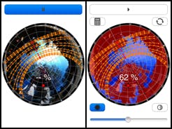 An iPhone camera pointing down at a convex mirror captures a whole-sky image; software overlays the sun&apos;s path (left). The app identifies sky and non-sky areas, then does a shading analysis of the site (right).