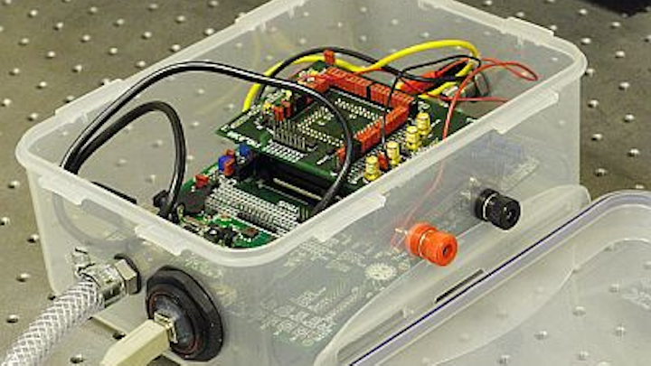 A lunchbox-sized explosive vapor detection system measures fluorescent photoluminescence decay
