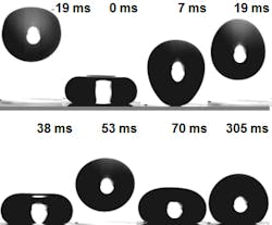 A drop of the low-viscosity oil hexadecane bounces up off the repellant surface before coming to rest on it as an almost perfect sphere. A drop of the low-viscosity oil hexadecane bounces up off the repellant surface before coming to rest on it as an almost perfect sphere.