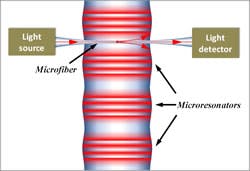 A series of SNAP microresonators is formed by nanoscale variation of the optical fiber diameter. Each resonator can be fed light from a tapered fiber tip; a similar tip can collect light from the resonator. A series of SNAP microresonators is formed by nanoscale variation of the optical fiber diameter. Each resonator can be fed light from a tapered fiber tip; a similar tip can collect light from the resonator.