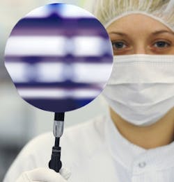 Osram is fabricating GaN-based LEDs on 6 inch Si-wafer substrates (one of which is shown), with the project currently in the pilot stage; the company is also experimenting with GaN-LED fabrication on 8 inch wafers. Osram is fabricating GaN-based LEDs on 6 inch Si-wafer substrates (one of which is shown), with the project currently in the pilot stage; the company is also experimenting with GaN-LED fabrication on 8 inch wafers.