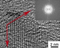 This transmission electron microscope image shows a graphene quantum dot with zigzag edges. This transmission electron microscope image shows a graphene quantum dot with zigzag edges.