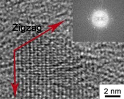 This transmission electron microscope image shows a graphene quantum dot with zigzag edges.