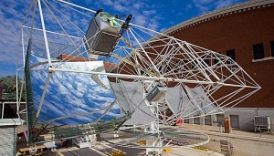 A prototype solar-energy system designed by UA astronomy professor Roger Angel, shown being tested in a courtyard on campus. A fully functional system is under construction at the UA Science and Technology Park.