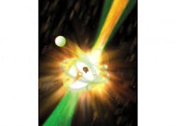 A powerful X-ray laser pulse from SLAC National Accelerator Laboratory's Linac Coherent Light Source (LCLS) comes up from the lower-left corner (shown as green) and hits a neon atom (center). This intense incoming light energizes an electron from an inner orbit closest to the neon nucleus (center, brown), knocking it totally out of the atom (upper-left, foreground). In some cases, an outer electron will drop down into the vacated inner orbit (orange starburst near the nucleus) and release a short-wavelength, high-energy X-ray photon of a specific wavelength (energy/color) (shown as yellow light heading out from the atom to the upper right along with the larger, green LCLS light). X rays made in this manner then stimulate other energized neon atoms to do the same, creating a chain-reaction avalanche of pure X-ray laser light amplified by a factor of 200 million. A powerful X-ray laser pulse from SLAC National Accelerator Laboratory's Linac Coherent Light Source (LCLS) comes up from the lower-left corner (shown as green) and hits a neon atom (center). This intense incoming light energizes an electron from an inner orbit closest to the neon nucleus (center, brown), knocking it totally out of the atom (upper-left, foreground). In some cases, an outer electron will drop down into the vacated inner orbit (orange starburst near the nucleus) and release a short-wavelength, high-energy X-ray photon of a specific wavelength (energy/color) (shown as yellow light heading out from the atom to the upper right along with the larger, green LCLS light). X rays made in this manner then stimulate other energized neon atoms to do the same, creating a chain-reaction avalanche of pure X-ray laser light amplified by a factor of 200 million.