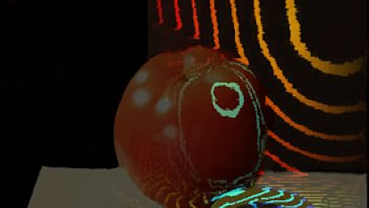 A system to visualize trillion frame-per-second events captures a light pulse over time (represented by colored bands) as it travels across a tomato and a roll of tape