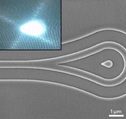 A scanning-electron-microscope image shows the silicon-based micro-loop mirror (MLM). Light entering the waveguide from the left is guided around the loop and redirected back into the laser structure. The inset shows the laser spot photographed with an IR camera.