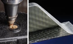 A laser cuts FRP (left). A glass-fiber-reinforced plastic component after laser cutting and welding (right). A laser cuts FRP (left). A glass-fiber-reinforced plastic component after laser cutting and welding (right).