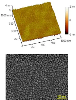 An atomic-force-microscope image shows the surface of a titanium nitride (TiN) film (top). The mean roughness of the film is 0.5 nm. A scanning-electron-microscope image of TiN thin film on sapphire shows a texture indicating multivariant epitaxial (crystalline) growth.