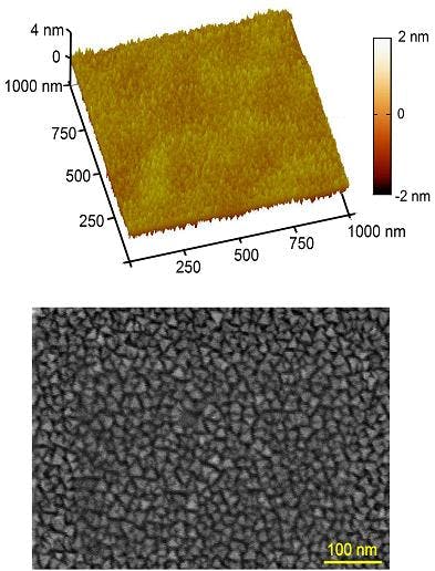 An atomic-force-microscope image shows the surface of a titanium nitride (TiN) film (top). The mean roughness of the film is 0.5 nm. A scanning-electron-microscope image of TiN thin film on sapphire shows a texture indicating multivariant epitaxial (crystalline) growth.