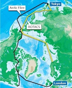 Submarine cables from Tokyo to London are planned for two distinct routes through the Arctic Ocean. The Polarnet Project plans to lay the ROTACS cable through the Russian region of the Arctic (yellow line). Arctic Fibre has chosen a route along the Northwest Passage through the Canadian Arctic (black line); Arctic Link will follow a similar route. Construction is slated to begin this year on ROTACS and Arctic Fibre. Submarine cables from Tokyo to London are planned for two distinct routes through the Arctic Ocean. The Polarnet Project plans to lay the ROTACS cable through the Russian region of the Arctic (yellow line). Arctic Fibre has chosen a route along the Northwest Passage through the Canadian Arctic (black line); Arctic Link will follow a similar route. Construction is slated to begin this year on ROTACS and Arctic Fibre.