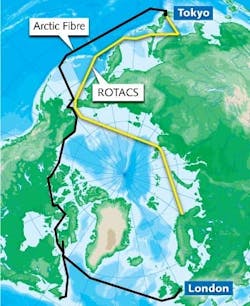 Submarine cables from Tokyo to London are planned for two distinct routes through the Arctic Ocean. The Polarnet Project plans to lay the ROTACS cable through the Russian region of the Arctic (yellow line). Arctic Fibre has chosen a route along the Northwest Passage through the Canadian Arctic (black line); Arctic Link will follow a similar route. Construction is slated to begin this year on ROTACS and Arctic Fibre.