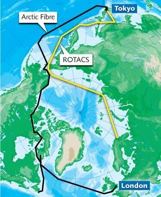 Submarine cables from Tokyo to London are planned for two distinct routes through the Arctic Ocean. The Polarnet Project plans to lay the ROTACS cable through the Russian region of the Arctic (yellow line). Arctic Fibre has chosen a route along the Northwest Passage through the Canadian Arctic (black line); Arctic Link will follow a similar route. Construction is slated to begin this year on ROTACS and Arctic Fibre.