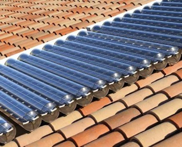 Tubular hybrid solar photovoltaic panels from Naked Energy mounted on a roof serve two purposes&mdash;generating electricity and providing hot water.