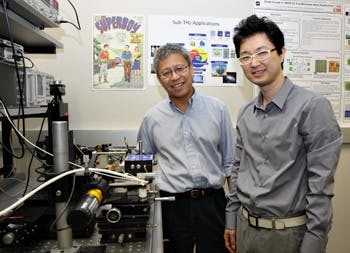 IMAGE:Dr. Kenneth O, director of the Texas Analog Center of Excellence and a professor of electrical engineering at UT Dallas, left, worked with a team including Dae Yeon Kim, right, on the terahertz microchip that could let cell phones see through walls.
