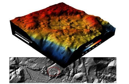 A 3D surface map of a forested region in Honduras created from LIDAR data shows geometrical, rectangular elevated features along the perimeter of the depressed rectangular shape that seem to indicate un-natural rather than natural features.