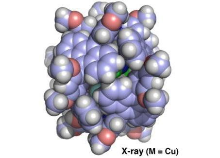 Blue-fluorescent nanocapsules (copper crystal structure shown) that self-assemble from two metal ions and four bent ligands that include anthracene fluorophores are more eco-friendly and efficient than comparable nanocapsules using precious metal ions like platinum and palladium.