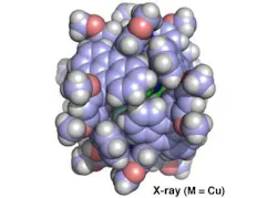 Blue-fluorescent nanocapsules (copper crystal structure shown) that self-assemble from two metal ions and four bent ligands that include anthracene fluorophores are more eco-friendly and efficient than comparable nanocapsules using precious metal ions like platinum and palladium.