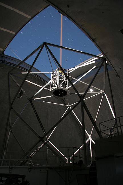 Like the Keck I Telescope's laser, shown here, the Keck II Toptica laser will launch from behind the telescope's secondary mirror. The laser will be more powerful as well as non-pulsing, which allows it to create a brighter guide star. The guide star is used to measure starlight-bending turbulence in Earth's atmosphere that is then canceled out with a deformable mirror in the adaptive optics system