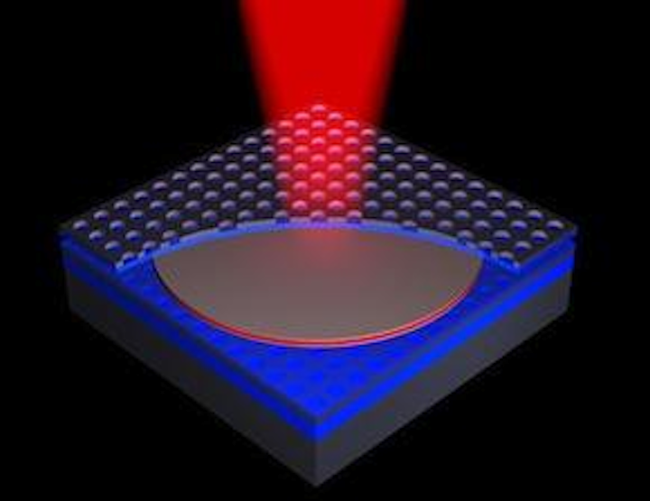 An artist’s representation shows a proposed on-chip laser design, created via transfer printing of photonic crystal between layers of silicon nanomembranes