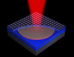 An artist’s representation shows a proposed on-chip laser design, created via transfer printing of photonic crystal between layers of silicon nanomembranes An artist’s representation shows a proposed on-chip laser design, created via transfer printing of photonic crystal between layers of silicon nanomembranes