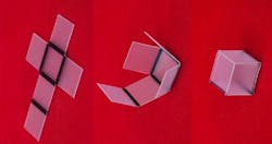 Origami-inspired photosensitive materials can be folded from 2D structures into 3D shapes using only light, as demonstrated by researchers who are developing the process with funds from the NSF and Air Force Office of Scientific Research. Origami-inspired photosensitive materials can be folded from 2D structures into 3D shapes using only light, as demonstrated by researchers who are developing the process with funds from the NSF and Air Force Office of Scientific Research.