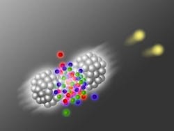 Two lead atoms collide, creating a quark-gluon plasma that can emit ultrashort laser pulses. (Courtesy Vienna University of Technology)