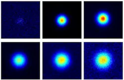 Diffusion of light in a disordered, cloudy medium at intervals of 1 ns. After about 4 ns, the light stops spreading any further.