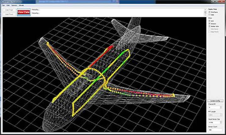 Fiber Bragg grating (FBG)-based sensor fibers can be routed within a structure as large as a commercial airplane and routed to a central interrogation unit to monitor structural integrity