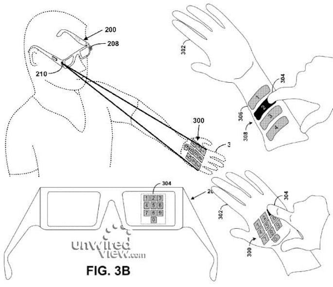 Google has applied for a projected keyboard patent describing technology that could be used in its Project Glass virtual reality heads-up display glasses. (Courtesy www.unwiredview.com)