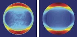 The angular distribution of light emission from monolayer MoS2, left, closely matches the theoretical calculations for in-plane oriented emitters, right, indicating that light emission from MoS2 originates from in-plane oriented emitters. A new energy-momentum spectroscopy technique performs the analysis. The angular distribution of light emission from monolayer MoS2, left, closely matches the theoretical calculations for in-plane oriented emitters, right, indicating that light emission from MoS2 originates from in-plane oriented emitters. A new energy-momentum spectroscopy technique performs the analysis.