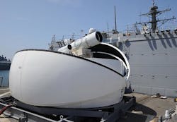 The Laser Weapon System (LaWS) temporarily installed aboard the guided-missile destroyer USS Dewey (DDG 105) in San Diego, CA is a technology demonstrator built by the Naval Sea Systems Command from commercial fiber solid-state lasers, using beam combination methods developed at the Naval Research Laboratory. The Office of Naval Research&apos;s Solid State Laser (SSL) portfolio includes LaWS development and upgrades providing a quick reaction capability for the fleet with an affordable SSL weapon prototype. This capability provides Navy ships a method for Sailors to easily defeat small boat threats and aerial targets without using bullets. (Image credit: US Navy photo from John F. Williams)