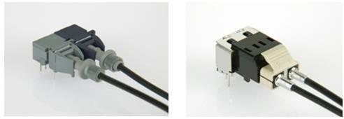 RedLink is a light-emitting diode (LED)-based fiber-optic transceiver from Firecomms that will be marketed by LEONI. Left image shows the transceiver; right image shows the LC connector.