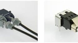 RedLink is a light-emitting diode (LED)-based fiber-optic transceiver from Firecomms that will be marketed by LEONI. Left image shows the transceiver; right image shows the LC connector.