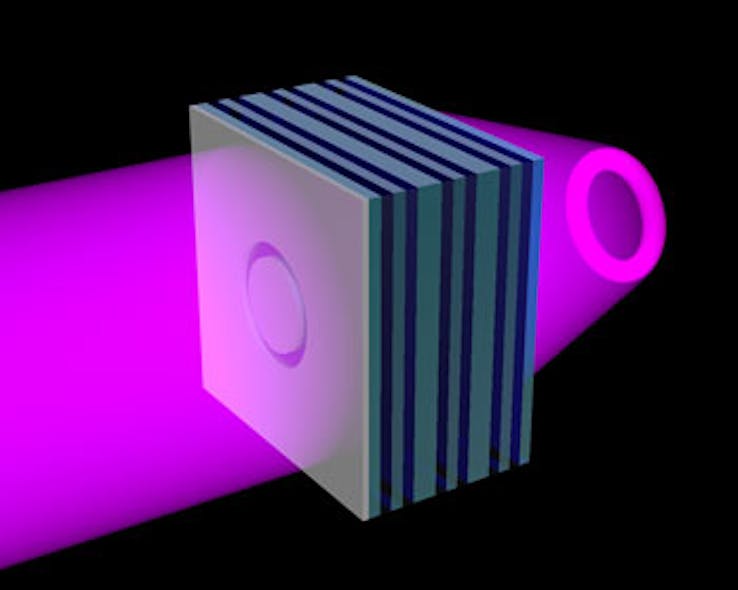 A flat UV metamaterial lens is formed of alternating nanolayers of silver (green) and titanium dioxide (blue). When illuminated with UV light (purple) a sample object of any shape placed on the flat slab of metamaterial is projected as a three-dimensional image in free space on the other side of the slab. Here, a ring-shaped opening in an opaque sheet on the left of the slab is replicated in light on the right.