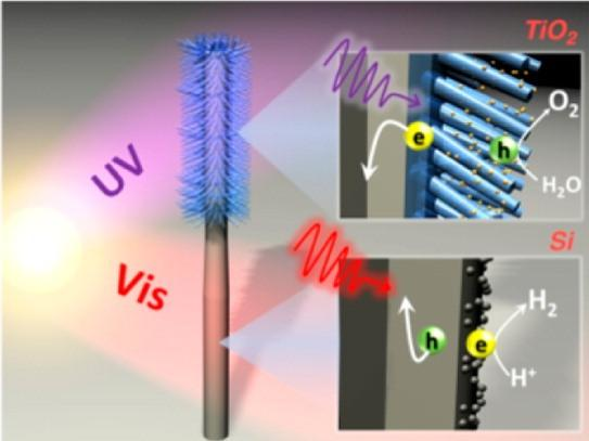 A schematic shows titanium oxide (TiO2) nanowires (blue) grown on the upper half of a silicon (Si) nanowire (gray) and the two absorbing different regions of the solar spectrum. Insets display photoexcited electron-hole pairs separated at the semiconductor-electrolyte interface to carry out water splitting with the help of co-catalysts (yellow and gray dots).
