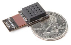 A Pelican Imaging computational-imaging array camera is smaller than a quarter. The cameras are aligned and assembled using Pixid volume-manufacturing systems from Kasalis.