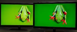 A comparison shows a liquid crystal display (LCD) type flat-panel display (FPD) without (left) and with (right) 3M&apos;s Quantum Dot Enhancement Film (QDEF). (Image credit: 3M)