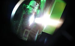 A burst of laser energy 50 times greater than the worldwide output of electrical power slams into an extremely thin foil target to produce neutrons at Los Alamos National Laboratory&apos;s TRIDENT laser facility during a recent experiment, proving that laser-driven neutrons can be used to detect and interdict smuggled nuclear materials.