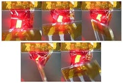 A thin-film OLED light source functions even when being crumpled or stretched. A thin-film OLED light source functions even when being crumpled or stretched.