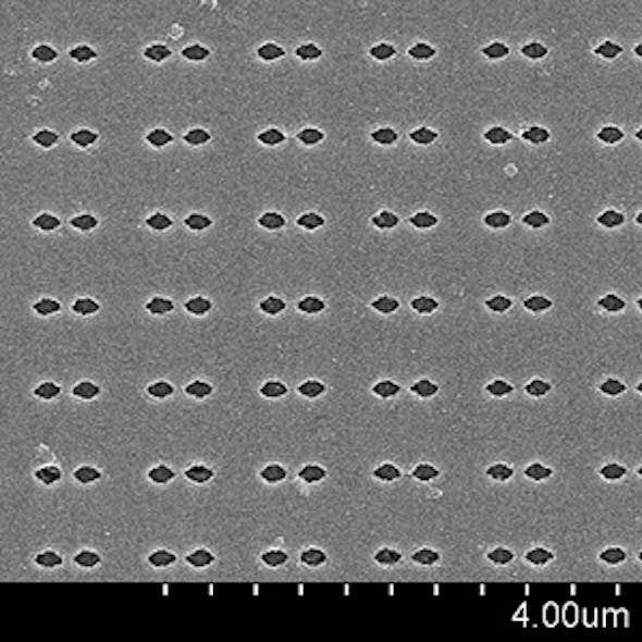 This scanning electron microscope image shows an array of plasmonic nanoantennas made from titanium nitride. Nano-Meta hopes to use this plasmonic technology to densify data storage, among other applications.