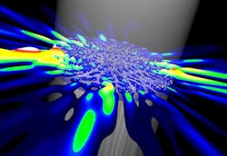 Random lasers are powered by a beam of light from above. Random scatterers inside the laser (yellow dots) lead to chaotic emission of light into all directions. Random lasers are powered by a beam of light from above. Random scatterers inside the laser (yellow dots) lead to chaotic emission of light into all directions.